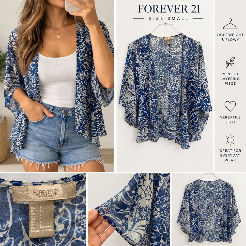 Forever 21 Contemporary Blue Floral Paisley Kimono Open Front Wrap Small